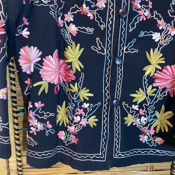 Bedford Fair Embroidered Floral Jacket Black Cotton Blend Boho India Medium - Picture 5 of 6